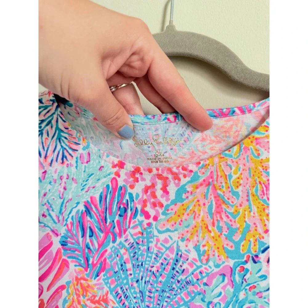Lilly Pulitzer Girls Geanna Dress XL 12-14 Pink Blue Coral Tiered Knit Cotton